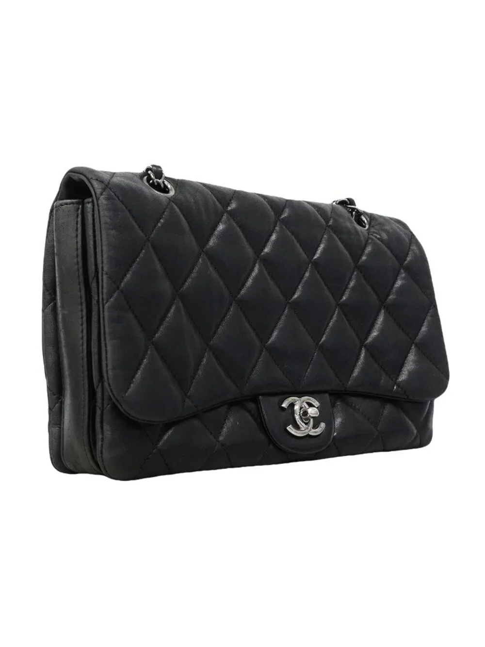 Chanel Shoulder Bag Quilted Lambskin Black Silver